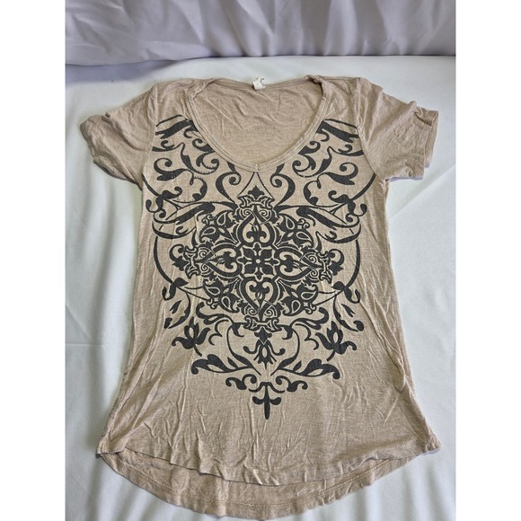Liberty Wear Tops - Liberty Wear Tan S Filigree Mandala Graphic Tee Rhinestone Scoop Neck Top Womens